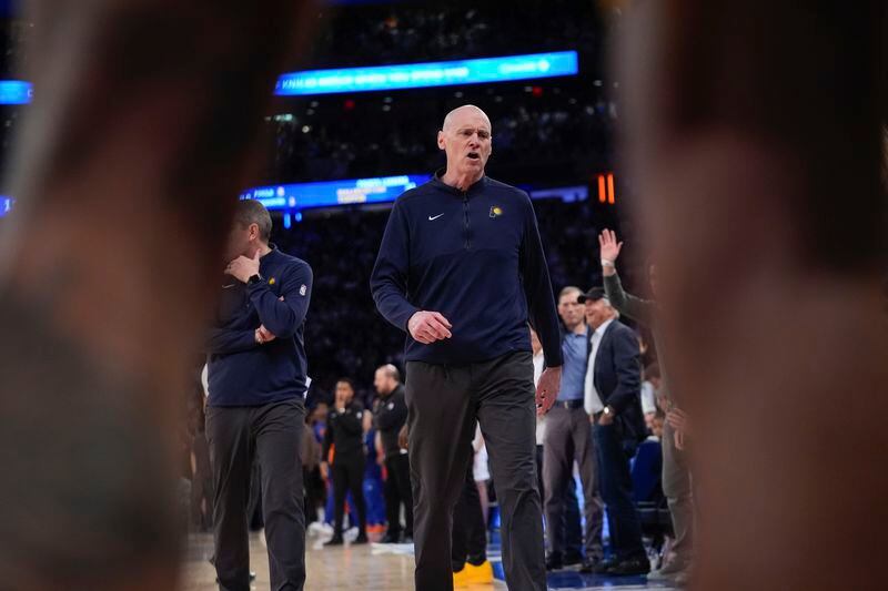 Indiana Pacers coach Rick Carlisle leaves the court after being ejected during the second half of Game 2 of the team's NBA basketball second-round playoff series against the New York Knicks, Wednesday, May 8, 2024, in New York. The Knicks won 130-121. (AP Photo/Frank Franklin II)
