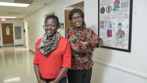 11/12/2018 — Atlanta, Georgia — Cynthia Trawick (right), Administrative director at Morehouse’s Student Health Center, and Sinead N. Younge (left), department chair of Morehouse College’s Psychology department, stand for a photo at the Morehouse College Student Health Center in Atlanta, Monday, November 12, 2018. (ALYSSA POINTER/ALYSSA.POINTER@AJC.COM)