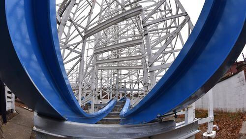 New steel track (blue) has been installed onto the former Georgia Cyclone for the new Twisted Cyclone ride that’s expected to open in May 2018 at Six Flags Over Georgia. HYOSUB SHIN / HSHIN@AJC.COM