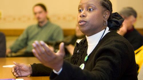 Cynthia McKinney, a former Georgia congresswoman, talks at a news conference Tuesday, Dec. 11, 2007, in Madison, Wis. where she was seeking the nomination of the Green Party for president. (AP Photo/Andy Manis)