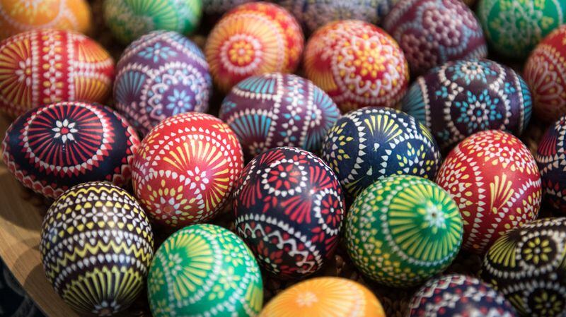 SCHLEIFE, GERMANY - MARCH 17: Easter eggs painted by Kerstin Hanusch during the annual Sorbian Easter egg market at the Sorbian cultural center on March 17, 2018 in Schleife, Germany. Sorbians are a Slavic minority in eastern Germany who speak a language closely related to Czech and Polish. The Sorbian cultural calendar is rich in folklore, particularly at Easter in the Saxon region of Lower Lusatia. (Photo by Steffi Loos/Getty Images)