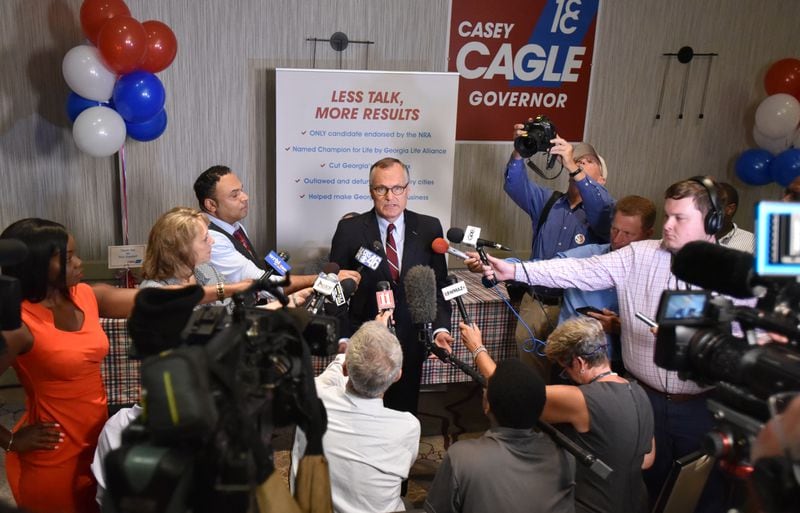 July 24, 2018  - Lt. Gov. Casey Cagle speaks to members of the press before his election night watch party at Atlanta Marriott Century Center on Tuesday, July 24, 2018. Republican Party voters can choose among the party's two finalists for governor, Lt. Gov. Casey Cagle and Secretary of State Brian Kemp. The winner will advance to the Nov. 6 general election against Democrat Stacey Abrams. HYOSUB SHIN / HSHIN@AJC.COM