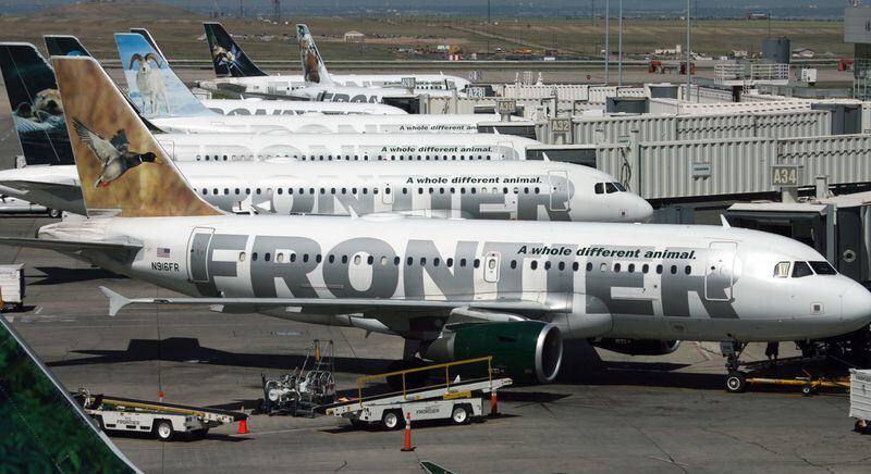 ** FILE ** In this May, 24, 2006 file photo, a long line of Frontier Airlines Airbus 319's sit at the gates on concourse A at Denver International Airport. While past recessions have spawned ultra-cheap airlines, experts say the triple-digit oil prices that are pushing air travel out of reach for average Americans also will almost certainly keep a no-frills carrier from entering the market soon. (AP Photo/David Zalubowski, File)