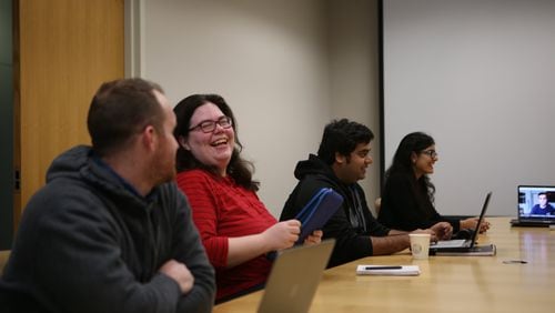 January 27, 2017, Atlanta, Georgia - TA’s part of a group conducting a study on the effectiveness of a basic artificial intelligence teaching assistant that answers questions regarding the course details participate in a round table to talk about where they’re at in the study in Atlanta, Georgia, on Friday, January 27, 2017. (HENRY TAYLOR / HENRY.TAYLOR@AJC.COM)