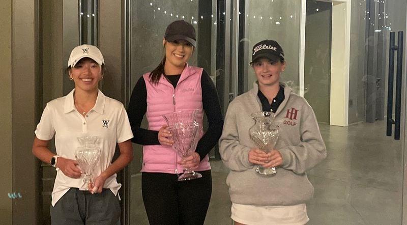 The top three finishers at the 2024 Atlanta Athletic Club's Girls Invitational. (L-R) Jessalyn Young of Westminster (third), Claire Bradford of Prince Avenue Christian (first) and Molly Spector of Holy Innocents; (runner-up).