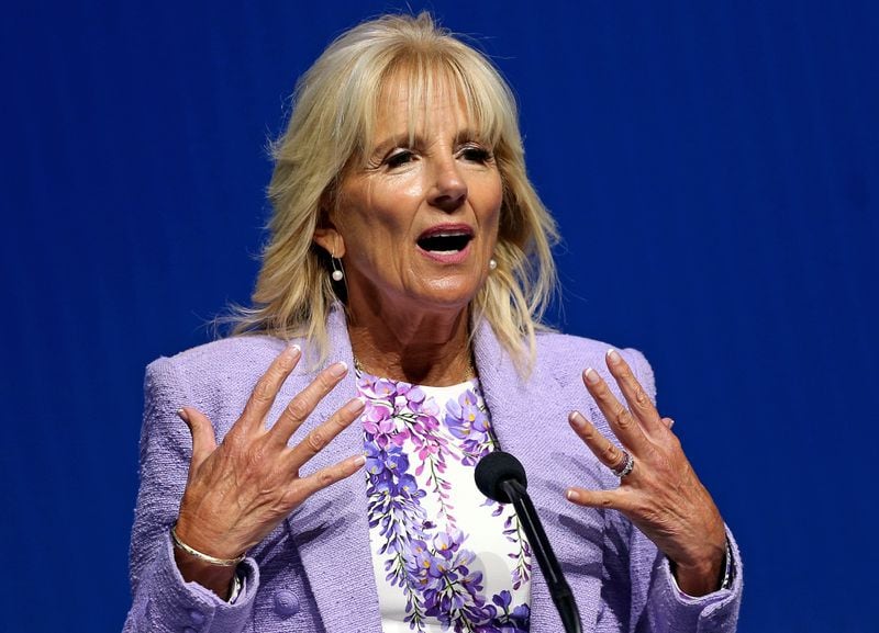 First lady Jill Biden traveled to Atlanta on Friday to raise money for Stacey Abrams’ gubernatorial campaign. She is pictured speaking at an event in Boston on July 15, 2022, in Boston. (Matt Stone/MediaNews Group/Boston Herald/TNS)