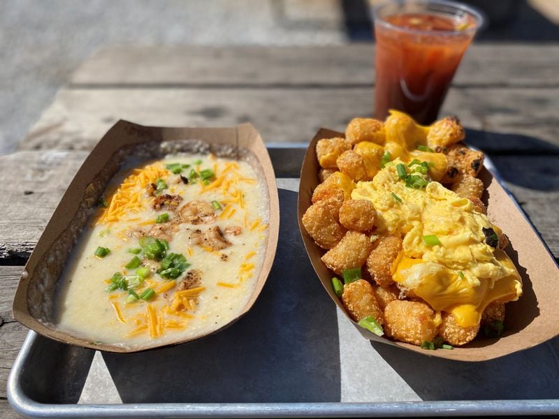 The Abby Singer’s Sunday brunch menu includes shrimp and grits and tater tots topped with cheese and egg.
Wendell Brock for The Atlanta Journal-Constitution