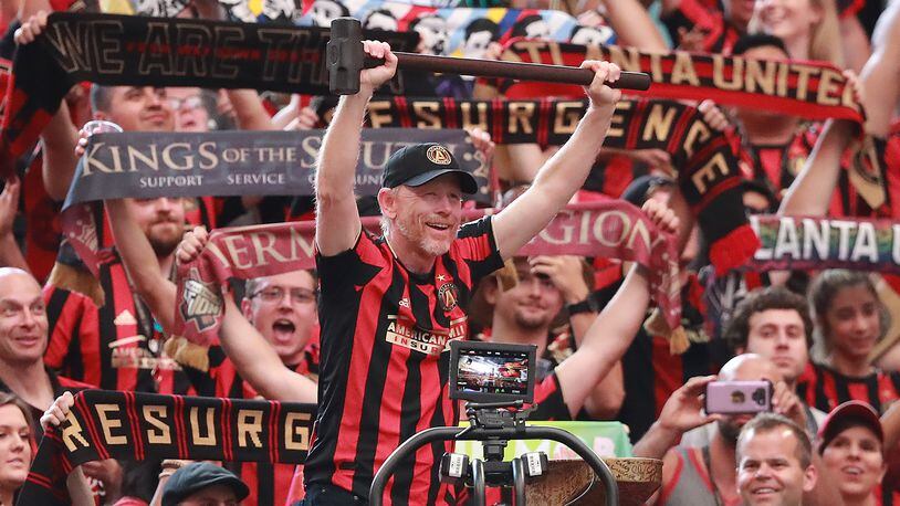 Academy Award-winning filmmaker Ron Howard is on hand to hammer the golden spike during the Atlanta United and D.C. United soccer match on Sunday, July 21, 2019, in Atlanta.   Curtis Compton/ccompton@ajc.com