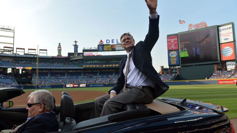 May 23, 2014 Atlanta: Former Atlanta Brave and member of the Braves Hall of Fame Dale Murphy waves to the crowd at Turner Field during a pre-game introduction Friday May 223, 2014. Earlier in the day the Braves announced three new members to the Atlanta Braves Hall of Fame. Former catcher Javy Lopez, former head athletic trainer Dave Pursley and Boston Braves shortstop Rabbit Maranville were inducted into the Braves Hall of Fame. Colorado Rockies Friday May 23, 2014 at Turner Field BRANT SANDERLIN /BSANDERLIN@AJC.COM .