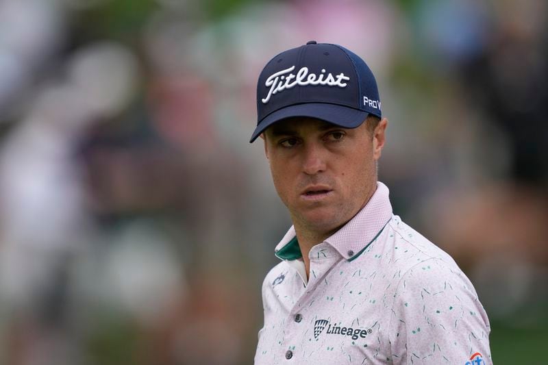 Justin Thomas watches on the second hole during the first round at the Masters golf tournament at Augusta National Golf Club Thursday, April 11, 2024, in Augusta, Ga. (AP Photo/David J. Phillip)