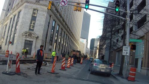 Construction along Edgewood Ave at Peachtree Center Ave in 2014. Lanes will be closed at the intersection for more work in April 2018.