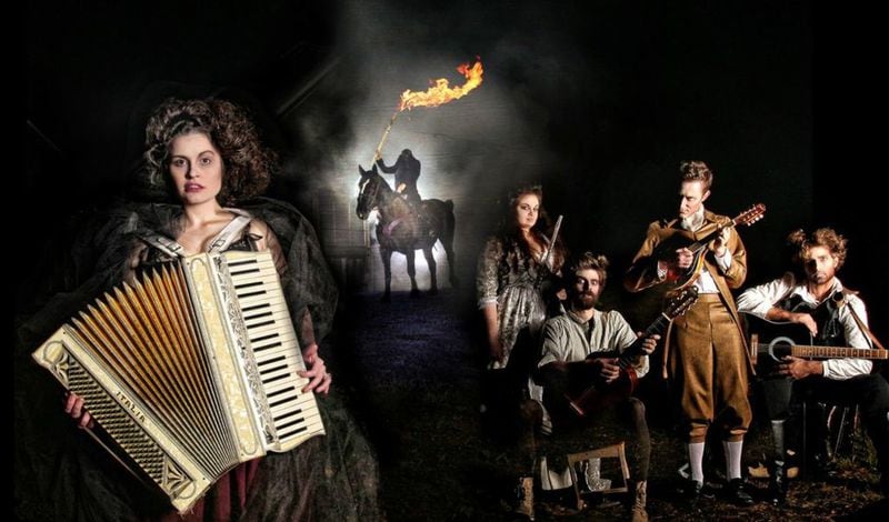 Serenbe Playhouse’s “The Sleepy Hollow Experience” features Laura Floyd (from left), Jessica Miesel, Brandon Partrick, Chris Mayers and Jacob Cooper. CONTRIBUTED BY BREEANNE CLOWDUS