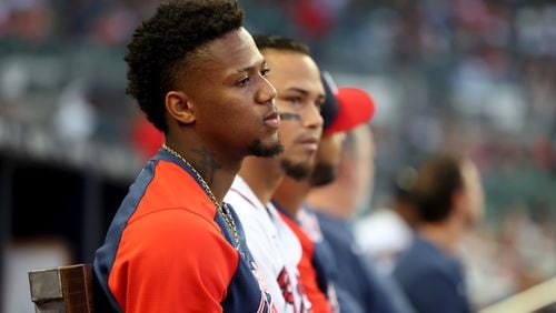 Braves right fielder Ronald Acuna watches the game from the dugout as he sat out of the lineup against the Boston Red Sox at Truist Park on Wednesday, May 11, 2022, in Atlanta. (Jason Getz / Jason.Getz@ajc.com)