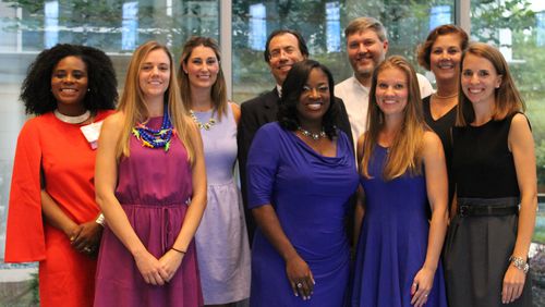 More than 245 teachers were nominated for the AJC Celebrating Teacher awards. These are the winners, who were honored tonight at an event at Cox headquarters. Winners are, from left, Cicely Lewis, Carrie Beth Rykowski, Margaret Garth, Robert Katz, Chelsea Cook, Jason Carr, Celeste McNeil Clark, Stephanie Spencer and Kara Cowdrick.