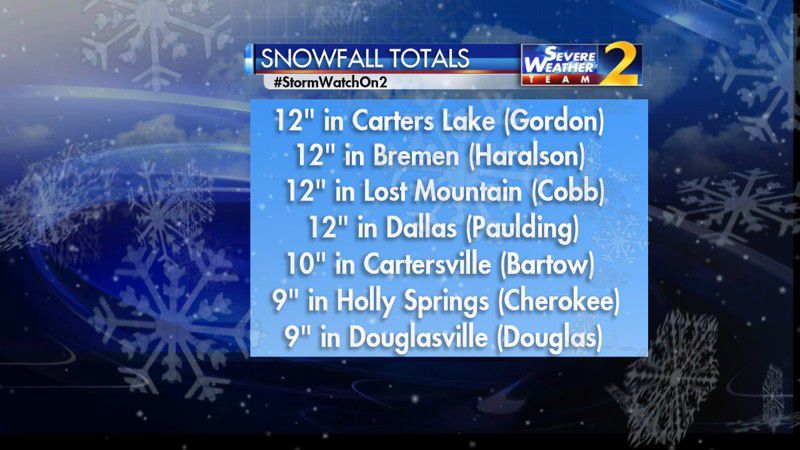 Lost Mountain in Cobb County and Temple in Carroll County each got 12 inches of snow. (Credit: Channel 2 Action News)