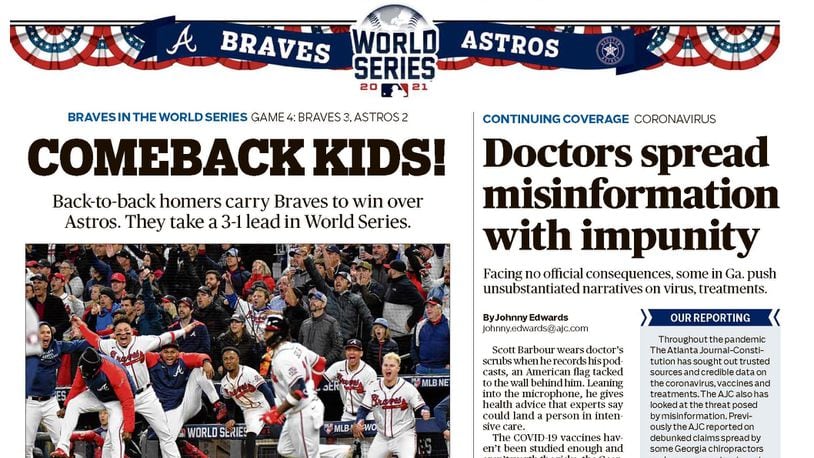 Hip Hip Jorge! – Atlanta Braves World Series section in Sunday Atlanta  Journal-Constitution ePaper - Oct. 31 2021