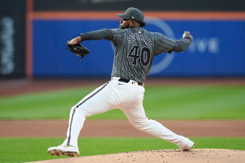 New York Mets' Luis Severino pitches during the first inning of a baseball game against the Chicago Cubs, Monday, April 29, 2024, in New York. (AP Photo/Frank Franklin II)