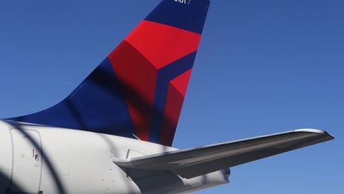 October 29, 2018 Atlanta: The tail section of the Delta new A220 aircraft is seen at the Delta Air Lines TechOps on Monday, Oct 29, 2018, in Atlanta. Curtis Compton/ccompton@ajc.com
