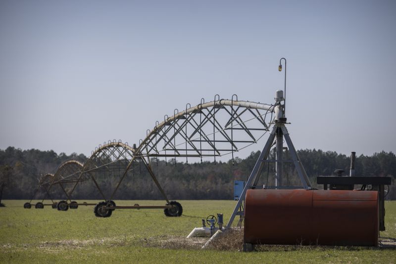 One of Ray Davis' wells and pivots that irrigate part of his 1,100 acres stands idle for the winter on Wednesday, Feb. 21, 2024 near Brooklet, Ga. Davis worries how groundwater pumping to supply the Hyundai EV plant will affect his wells. (AJC Photo/Stephen B. Morton)
