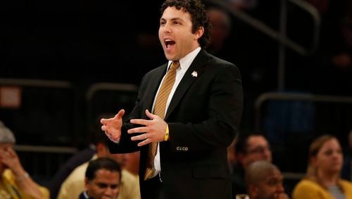 Georgia Tech coach Josh Pastner directs his team against Cal State Bakersfield in the semifinals of the NIT on Tuesday, March 28, 2017, in New York. (AP Photo/Kathy Willens)