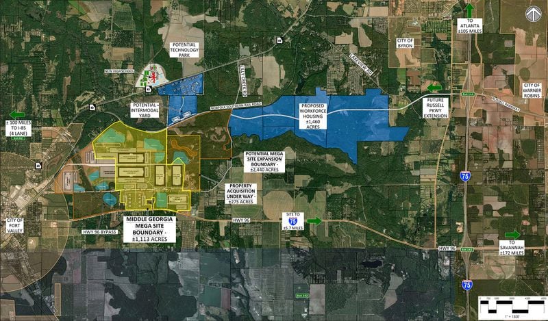 The land in yellow is the state's new Middle Georgia Megasite in Peach County near Fort Valley. The 1,100-acre property is being pitched for the electric vehicle sector and other manufacturers. SPECIAL TO THE AJC