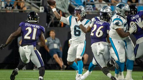 Carolina Panthers quarterback P.J. Walker (6) throws the ball against the Baltimore Ravens during the second half of a preseason game at Bank of America Stadium on Saturday, Aug. 21, 2021, in Charlotte, North Carolina. (Chris Keane/Getty Images/TNS)