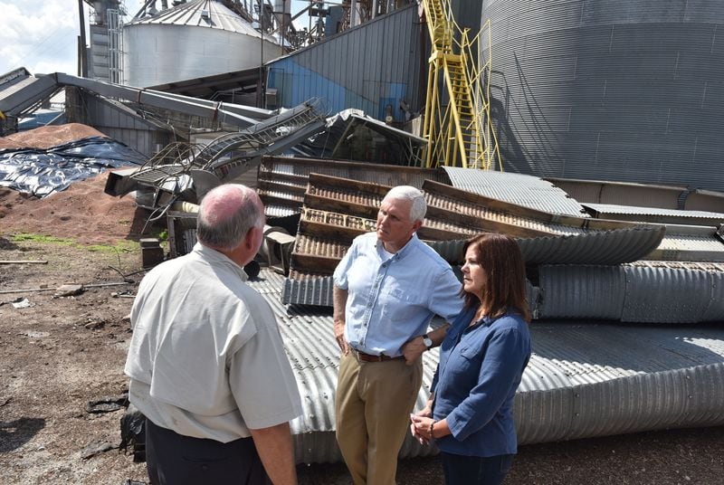 Vice President Mike Pence met with employees at Flint River Mills in Bainbridge as he surveyed storm damage from Hurricane Michael. HYOSUB SHIN / HSHIN@AJC.COM