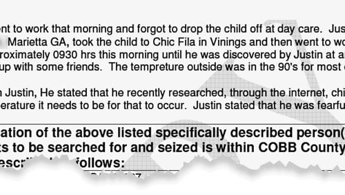 Portion of an Affidavit & Application for a Search Warrant filed by Cobb County police June 18 during the investigation of the death of Cooper Harris.