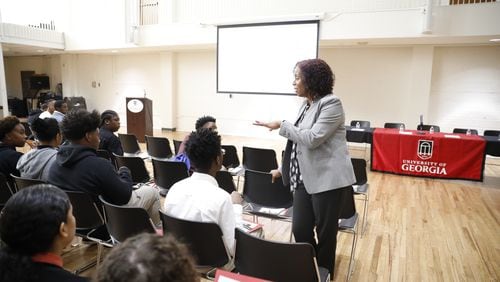 University of Georgia Vice Provost for Diversity and Inclusion and Strategic University Initiatives Michelle Cook greets students from Atlanta Public Schools during a campus visit. SUBMITTED PHOTO/ UNIVERSITY OF GEORGIA