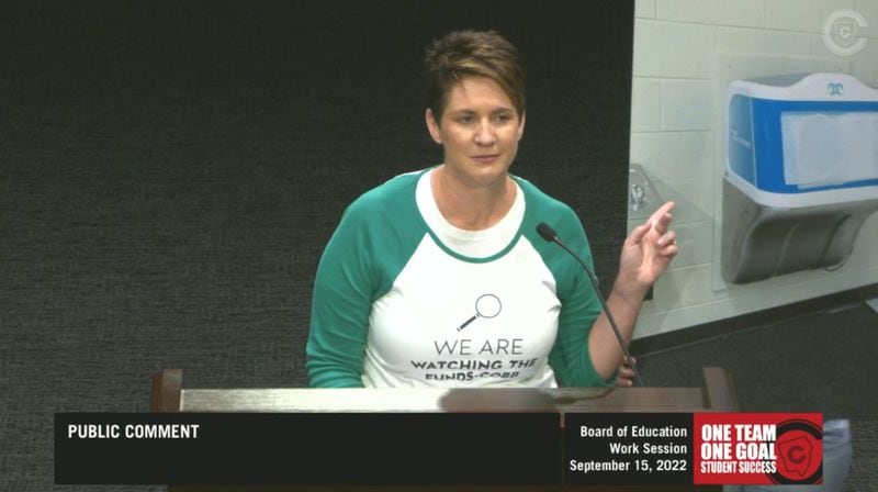 Watching the Funds-Cobb member Heather Tolley-Bauer speaks at the September Cobb school board meeting and shares a photo of an unusable hand-rinsing station that was provided to the organization.