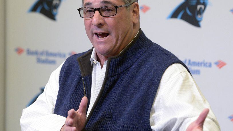 Carolina Panthers general manager Dave Gettleman gestures as he speaks to the media during his end of season press conference on Tuesday, Jan. 3, 2017 at Bank of America Stadium in Charlotte, N.C. The Panthers fired Gettleman, they announced Monday. (David T. Foster III/Charlotte Observer/TNS)