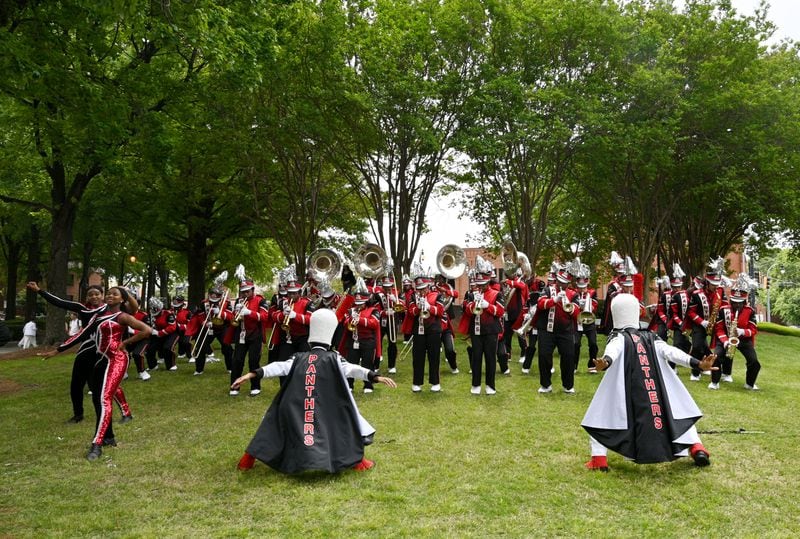 Clark Atlanta University's marching band performs following the funeral service of Rico Wade at Ebenezer Baptist Church on Friday, April 26, 2024. Rico Wade, an architect of Southern Hip Hop and one-third of the Grammy-nominated, multi-platinum-selling legendary production team Organized Noize and the de facto leader of The Dungeon Family, will be eulogized privately and by invitation only for family and friends on Friday, April 26, 2024. (Hyosub Shin / AJC)