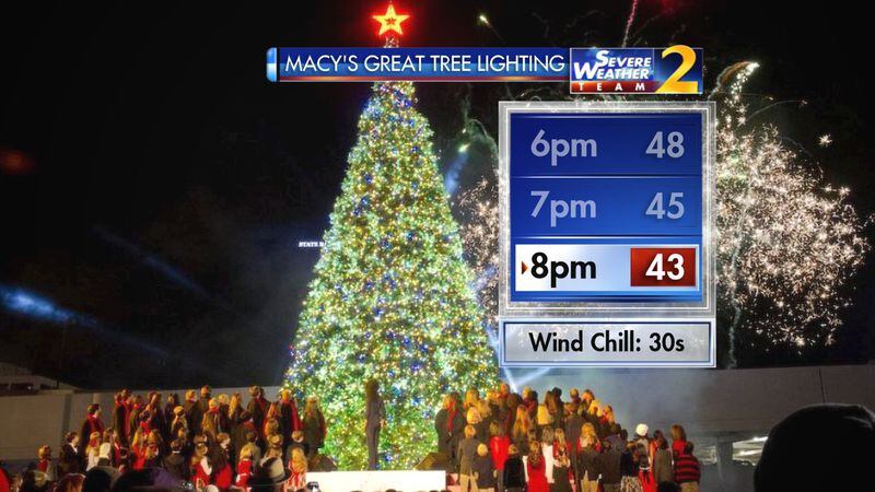 Temperatures will be dropping through the 40s for Sunday night's Macy's Great Tree Lighting at Lenox Square. (Credit: Channel 2 Action News)