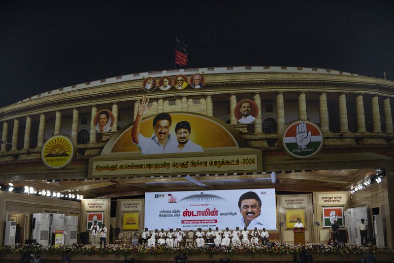 M. K. Stalin, Dravida Munnetra Kazhagam party leader, speaks on a stage resembling the Indian parliament building during an election campaign rally on the outskirts of the southern Indian city of Chennai, April 15, 2024. (AP Photo/Altaf Qadri)