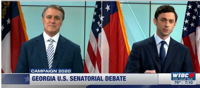 U.S. Sen. David Perdue and Democrat Jon Ossoff square off in an Oct. 28, 2020 debate in Savannah.