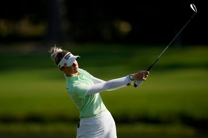 Nelly Korda this from the fifth fairway during the first round of the Chevron Championship LPGA golf tournament Thursday, April 18, 2024, at The Club at Carlton Woods, in The Woodlands, Texas. (AP Photo/Eric Gay)