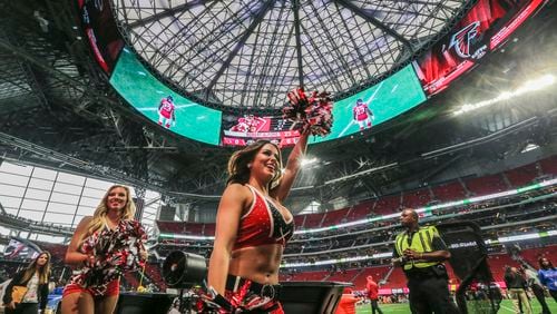 August 26, 2017 Atlanta: Falcons cheerleaders before opening kick off on Saturday, Aug. 26, 2017 at the opening of the brand new Mercedes Benz Stadium and pre-season NFL game between the Atlanta Falcons and the Phoenix Cardinals. JOHN SPINK/JSPINK@AJC.COM