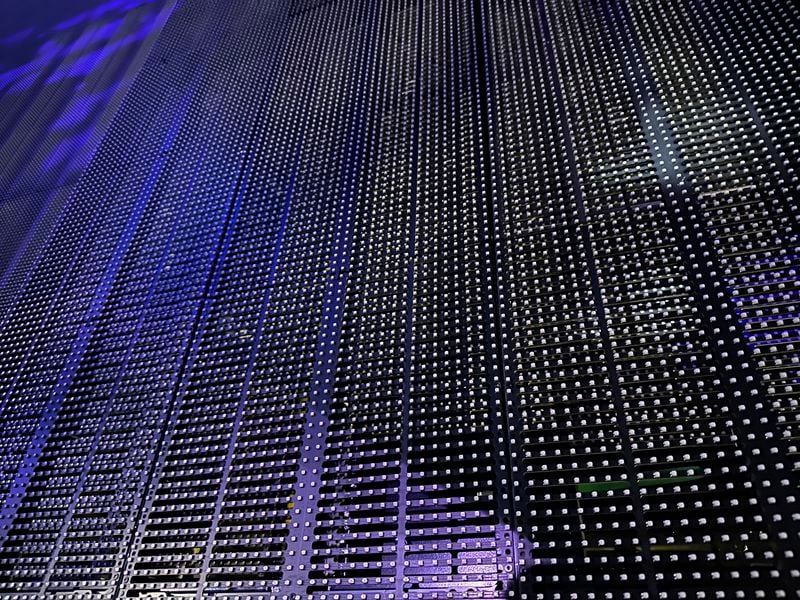 This image shows one of the individual screens at the Sphere and the hundreds of light nodes it contains on Tuesday, April 16, 2024, in Las Vegas. The screen at the Sphere is 160,000 square feet and shows images and video in 16K x 16K resolution. (AP Photo/Josh Cornfield)