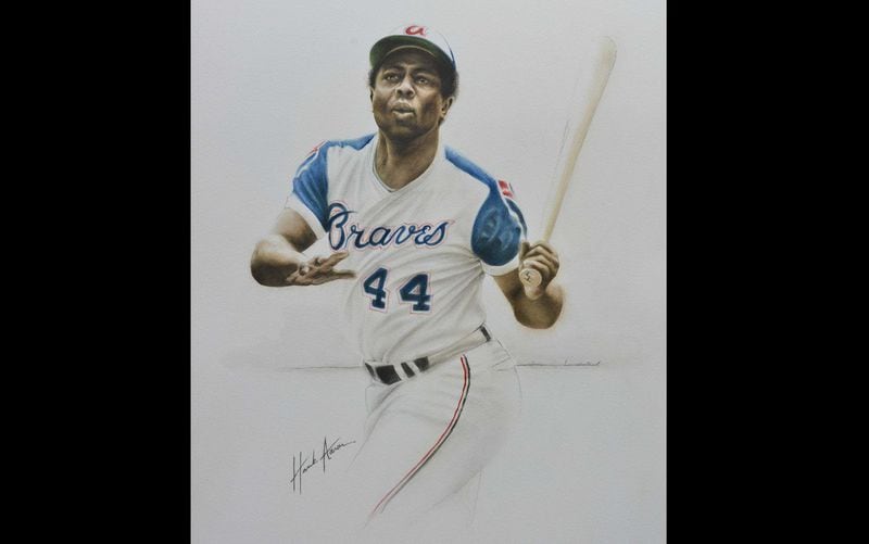 Belgian artist Dominique Lobbestael will have 10 portraits of Braves legends, including this one of Hank Aaron, displayed in the Delta SKY360 Club.