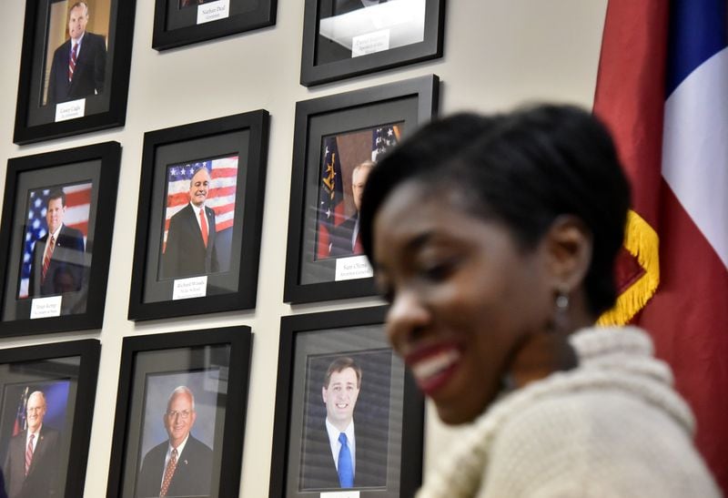 Janelle Jones smiles during a meeting with Georgia Black Republican Council at Georgia Republican Party Headquarters in Buckhead on Tuesday, December 20, 2016. HYOSUB SHIN / HSHIN@AJC.COM