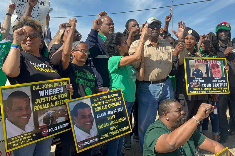 Demonstrators hold a rally for the late Ronald Greene outside the Union Parish Courthouse in Farmerville, La., on Friday, May 10, 2024. Half a decade after Greene’s violent death, the federal investigation remains open and unresolved with no end in sight. Two officers charged in Greene's death are scheduled to be tried here later this year. (AP Photo/Jim Mustian)