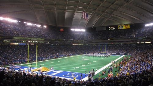 The Pontiac Silverdome as it appeared during a game between the Detroit Lions and St. Louis Rams in October 2001.