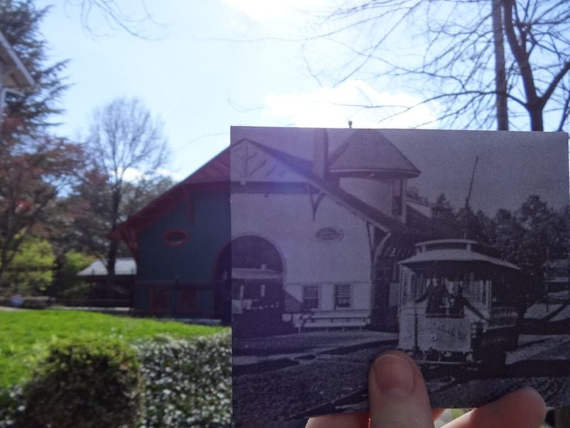 Christopher Moloney takes photos of movie stills set against the real-life scenery where they were shot. In 2014, Moloney moved to Atlanta and began to explore the city in the same way. Here, The trolley barn on Edgewood Avenue in Inman Park. (Christopher Moloney. Used with permission)