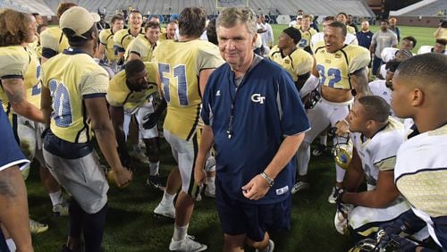 Georgia Tech coach Paul Johnson instructs after the Gold team won 21-16 over the White team during the spring game at Bobby Dodd Stadium on Friday, April 21, 2017. HYOSUB SHIN / HSHIN@AJC.COM