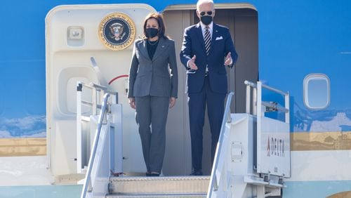 President Joe Biden and Vice President Kamala Harris depart Air Force One in Atlanta oon Thursday  ahead of a speech on voting rights. (Nathan Posner for The Atlanta Journal-Constitution)