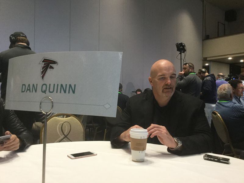 Falcons coach Dan Quinn discussing a variety of topics at the NFL owners meeting in Boca Raton, Fla. on Wednesday. (By D. Orlando Ledbetter/dledbetter@ajc.com)