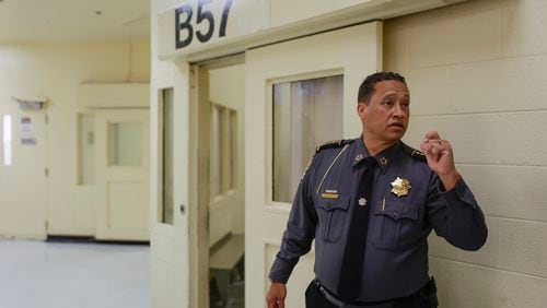 Fulton County Sheriff Patrick Labat gives a tour of Fulton County Jail on Thursday, March 30, 2023. Plans for a new multibillion dollar facility jail on the 35 acre campus are underway. (Natrice Miller/ natrice.miller@ajc.com)