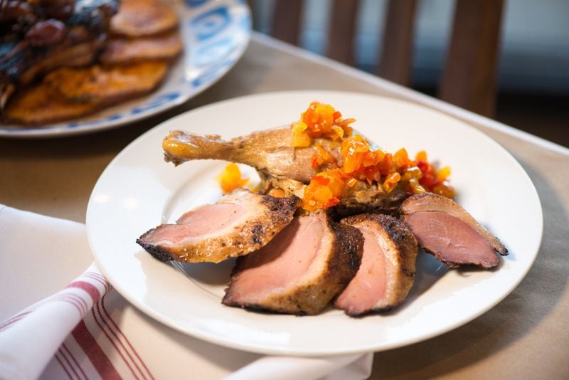 Duck Two Ways with smoked breast, plus leg and thigh confit, with sweet potato hash and citrus mustard. Photo credit- Mia Yakel.