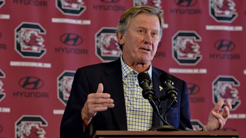 South Carolina head football coach Steve Spurrier speaks during a news conference to announce he is resigning on Tuesday, Oct. 13, 2015, at the University Of South Carolina, in Columbia, S.C. Spurrier said he felt he needed to step down now because he doesn't believe there is accountability with players if they know the coach won't be back next year. He also said he was a recruiting liability. He had never had a losing season in 25 previous seasons coach at Duke (1987-89), Florida (1990-2001) or South Carolina, where he has been since 2005. (AP Photo/Richard Shiro)