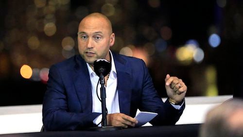 Miami Marlins co-owner Derek Jeter speaks during a town hall meeting at Marlins Park in Miami on Tuesday, Dec. 19, 2017. (Al Diaz/Miami Herald/TNS)